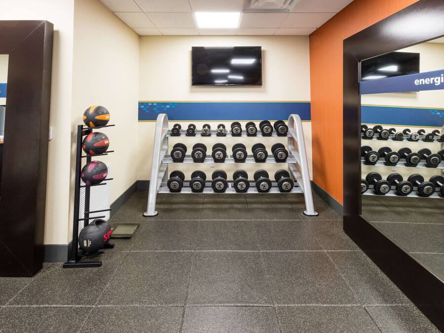 A gym with a wall-mounted TV, a rack of dumbbells, and a shelf with sports balls.