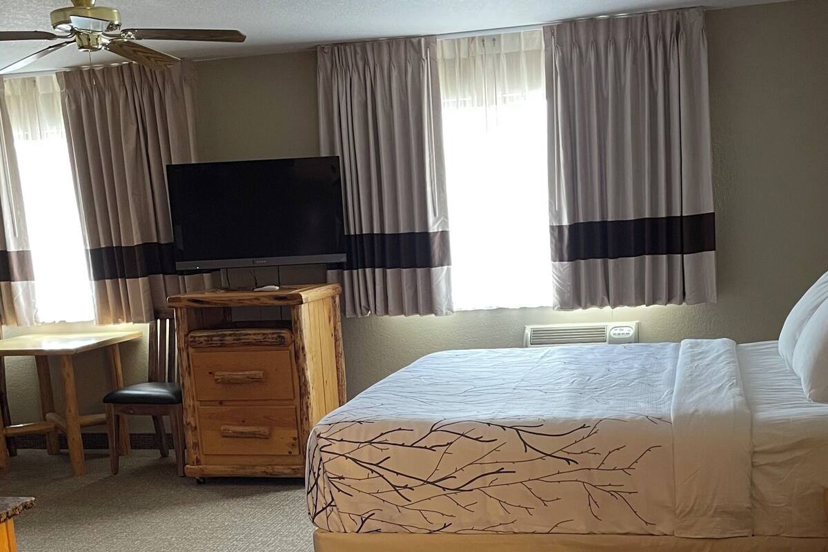 A hotel room with a bed, desk, chair, television, and curtains.
