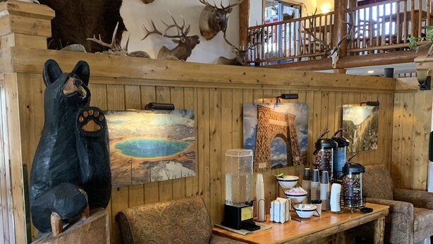 Un interior rústico con muebles de madera, una escultura de oso y monturas de animales.