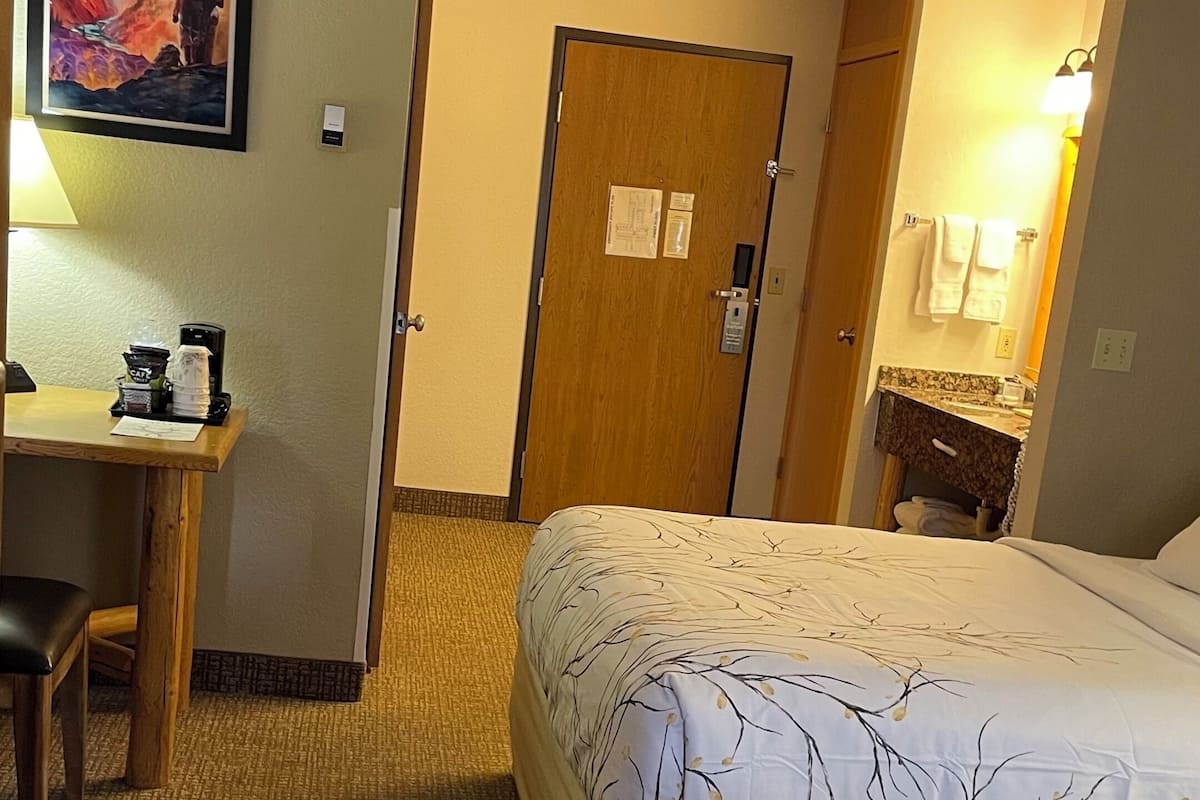 A hotel room with a bed, a desk, a chair, and a bathroom.