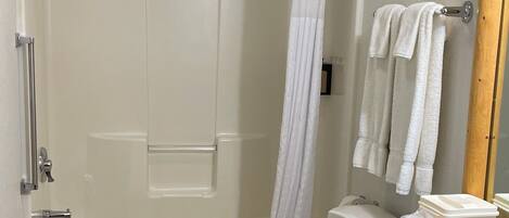 A bathroom with a shower, toilet, and sink.