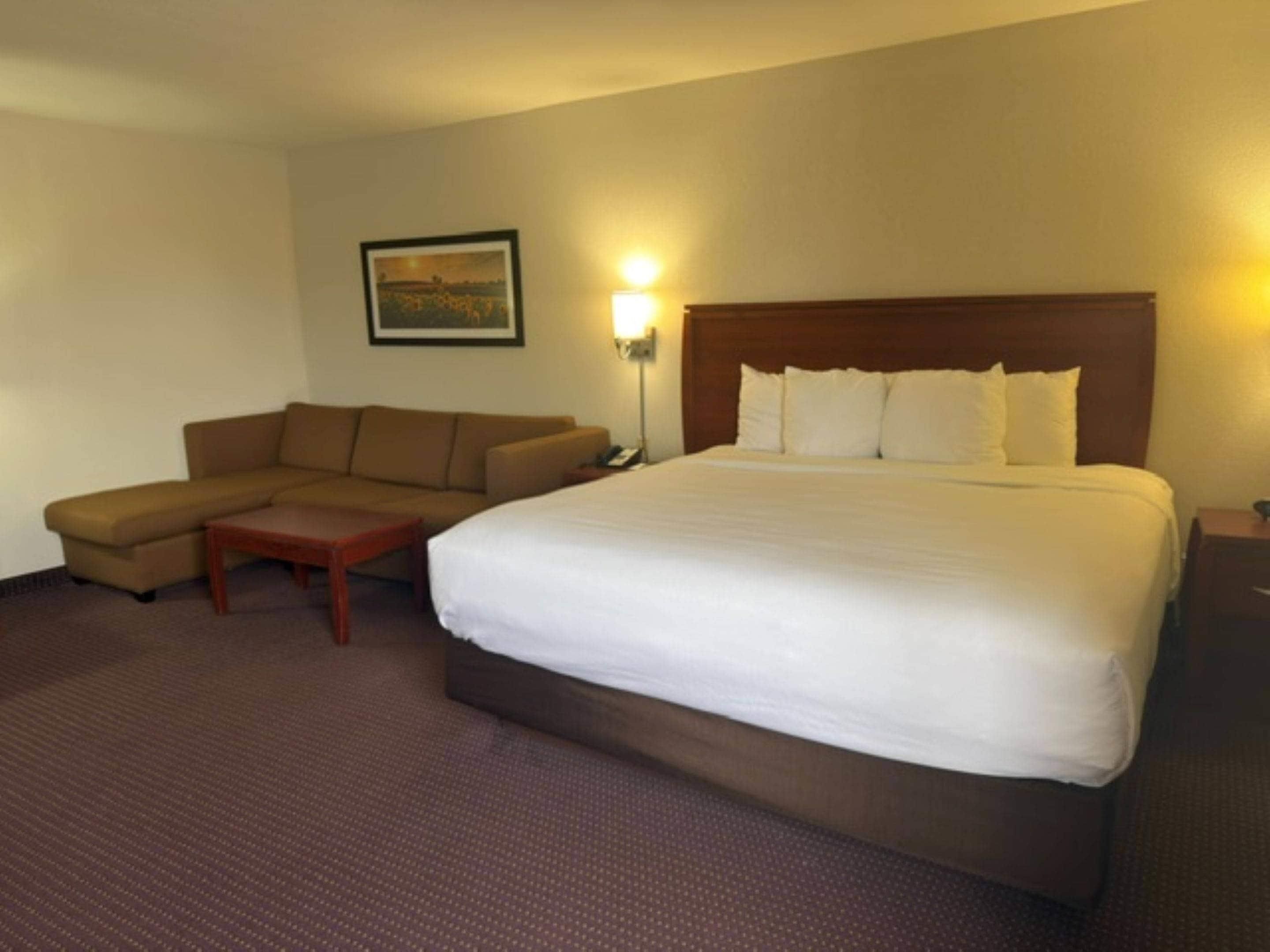 A hotel room with a large bed, a sofa, a small table, and a nightstand.