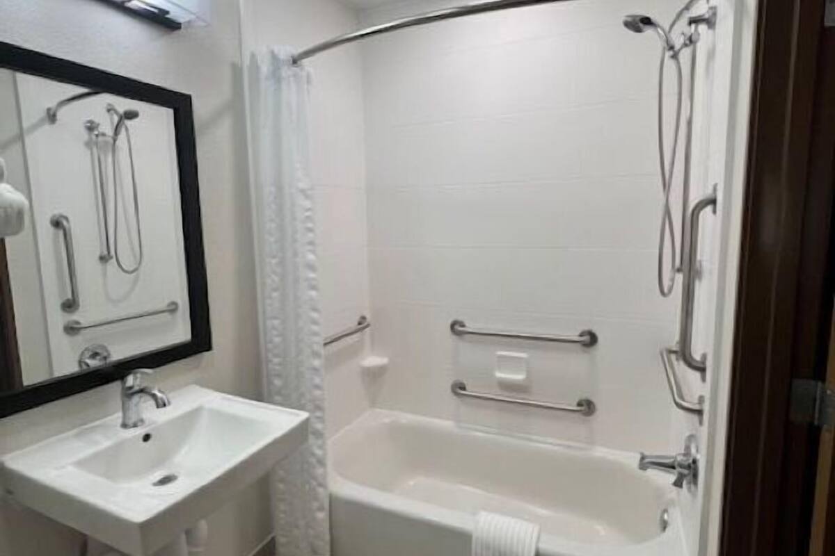 combined shower/bathtub, free toiletries, hair dryer, towels