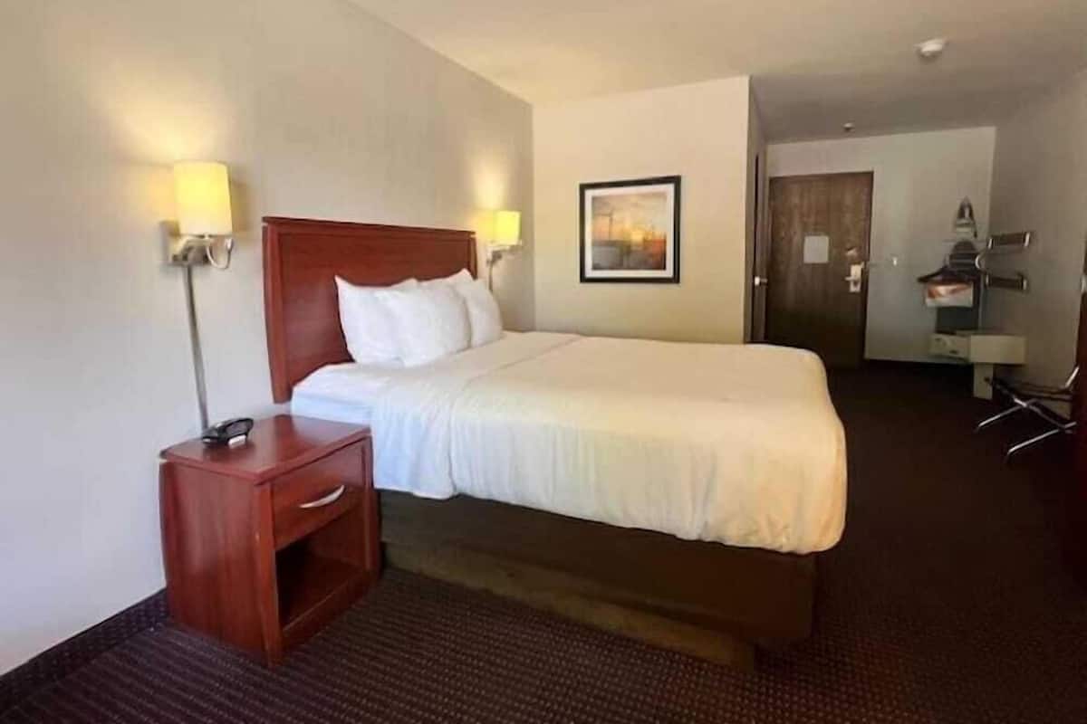 A hotel room with a single bed, bedside tables, a desk with a chair, and a framed picture on the wall.