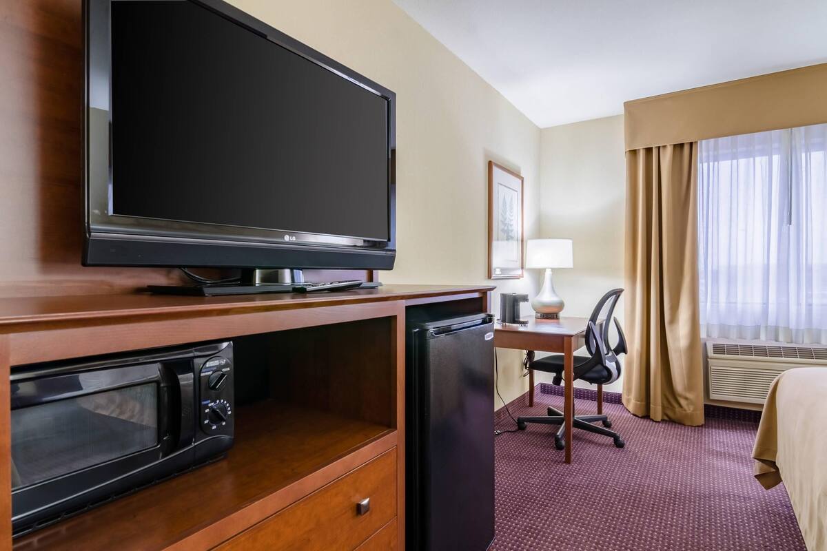 A hotel room with a television on a wooden desk, a microwave, a refrigerator, a chair, a lamp, and a bed with beige curtains.