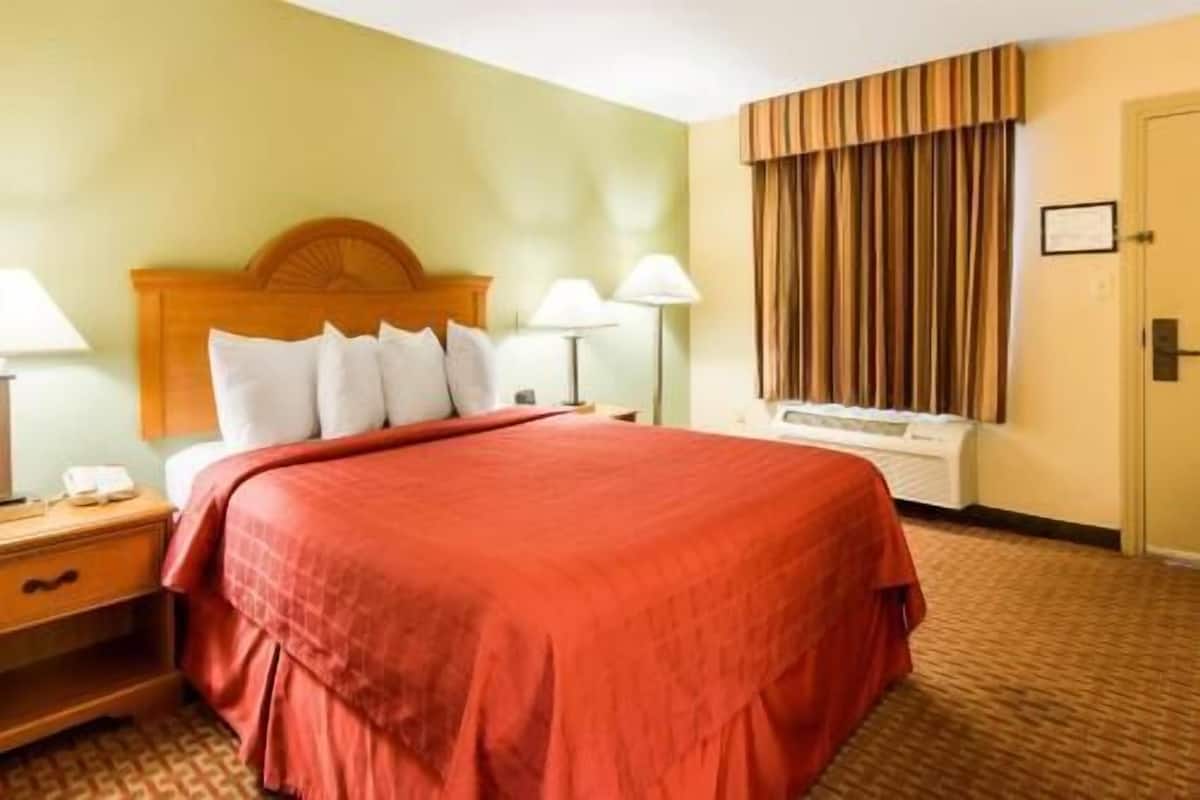 A hotel room with a bed, bedside lamps, a window with curtains, a radiator, and a door.