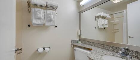Baño con inodoro, lavamanos, toallero y espejo.