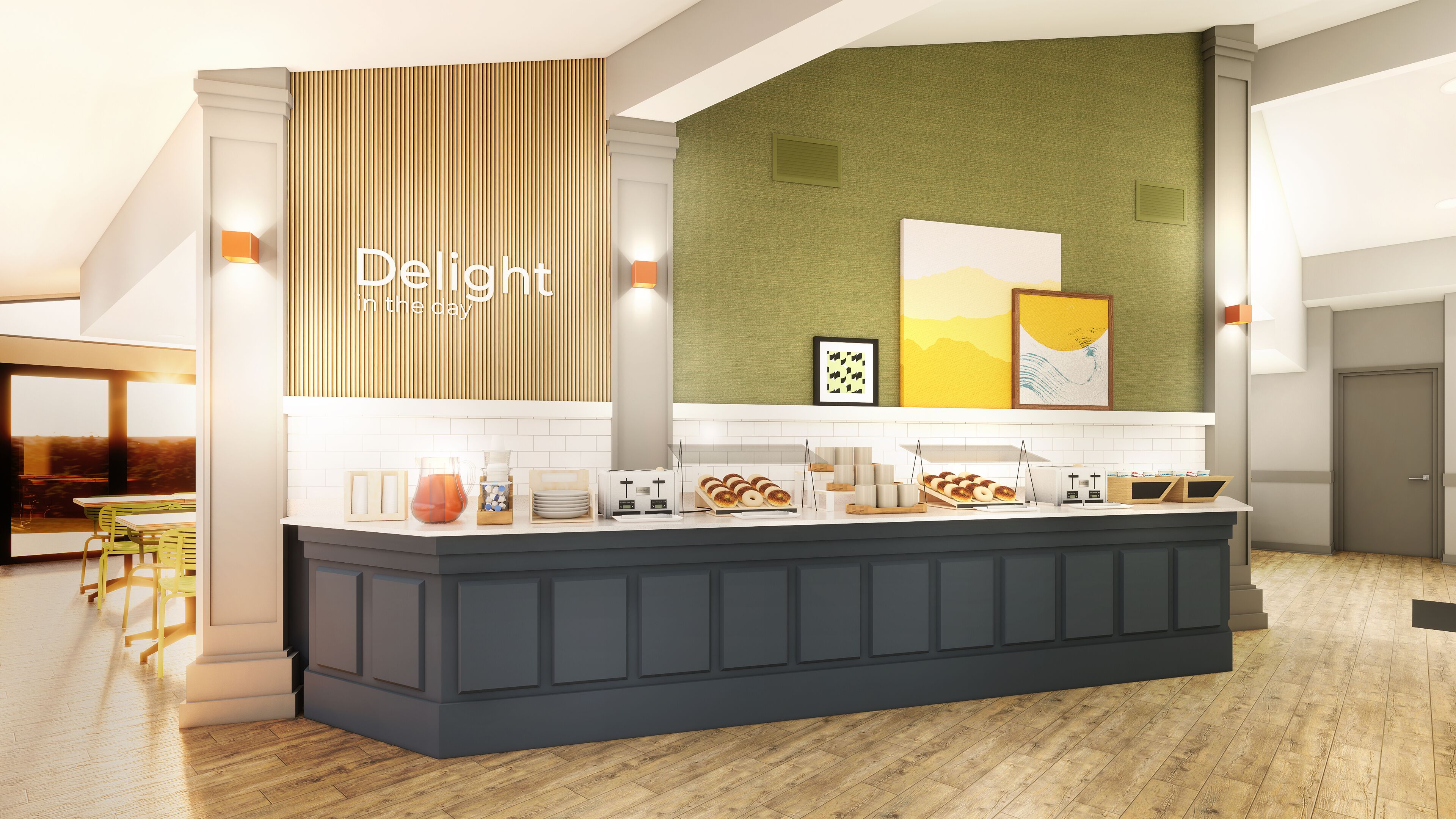 A modern reception area with a counter displaying various amenities, a wall with vertical wooden slats, and framed artwork.
