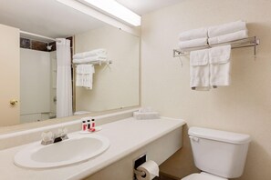 Combined shower/bathtub, free toiletries, hair dryer, towels
