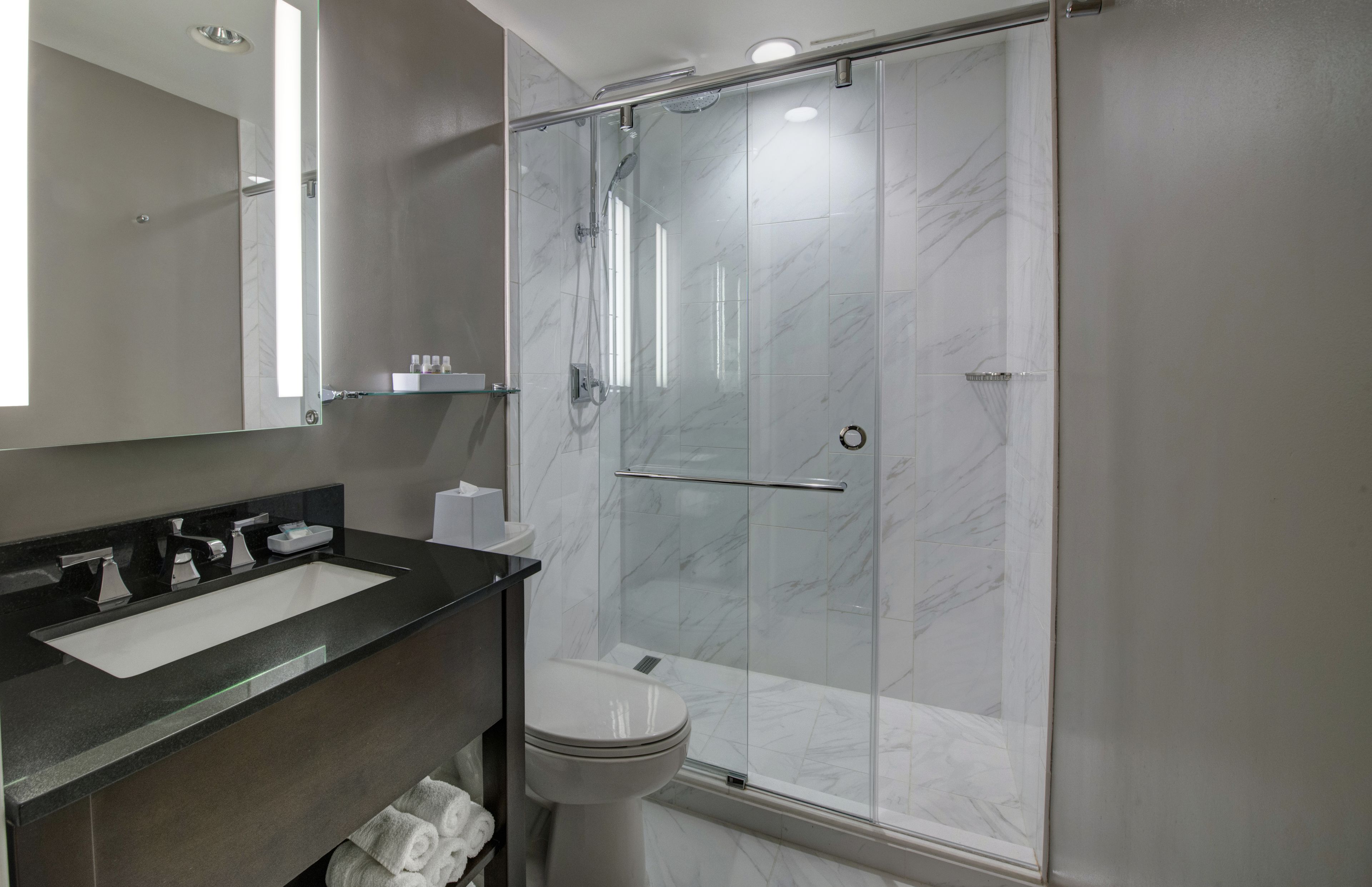 shower, designer toiletries, hair dryer, bathrobes