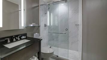 A modern bathroom with a glass-enclosed shower, a white toilet, and a dark-toned vanity with a large sink.