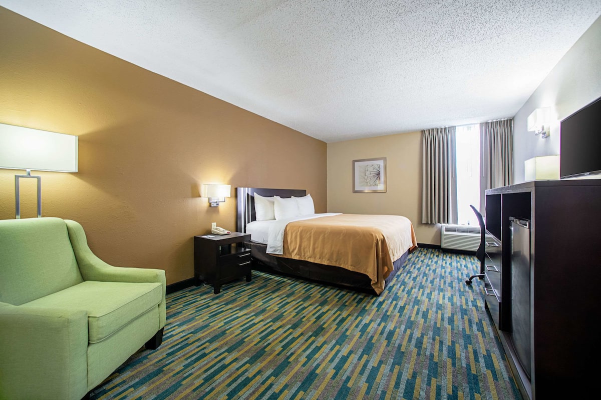 A hotel room with a bed, a desk, a chair, a TV, and a carpeted floor.