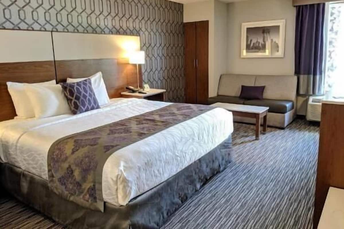A hotel room with a large bed, a sofa, a desk, and a wall-mounted TV.