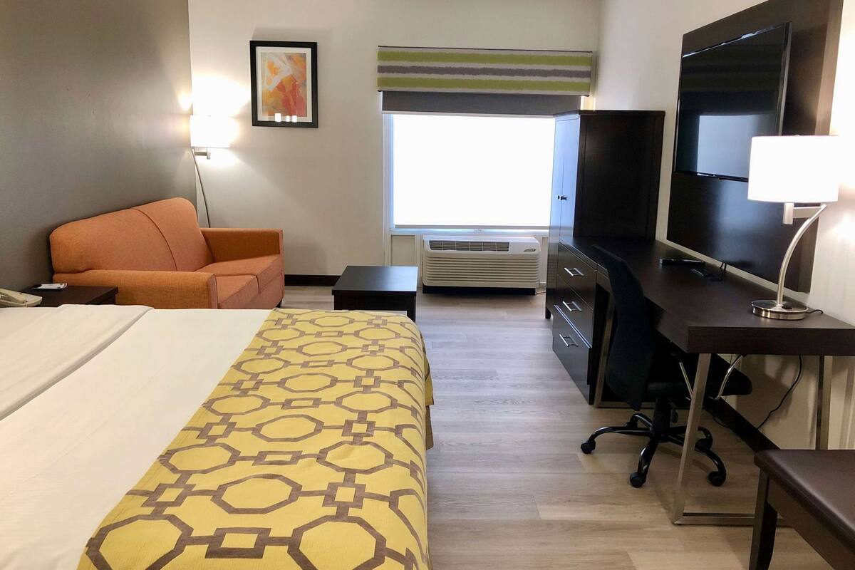 Una habitación de hotel con cama, escritorio, televisor, silla y ventana.