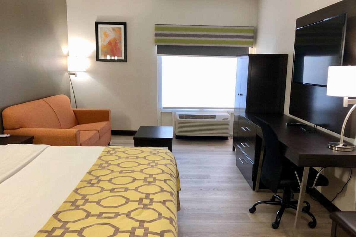 Habitación de hotel con cama, escritorio, silla, televisor y ventana con vistas.