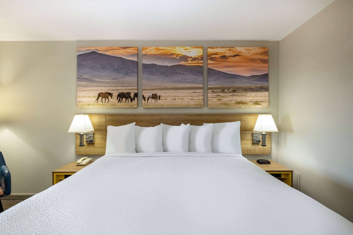 A hotel room with a large bed, two bedside lamps, a wooden headboard, and a wall-mounted painting of horses grazing.