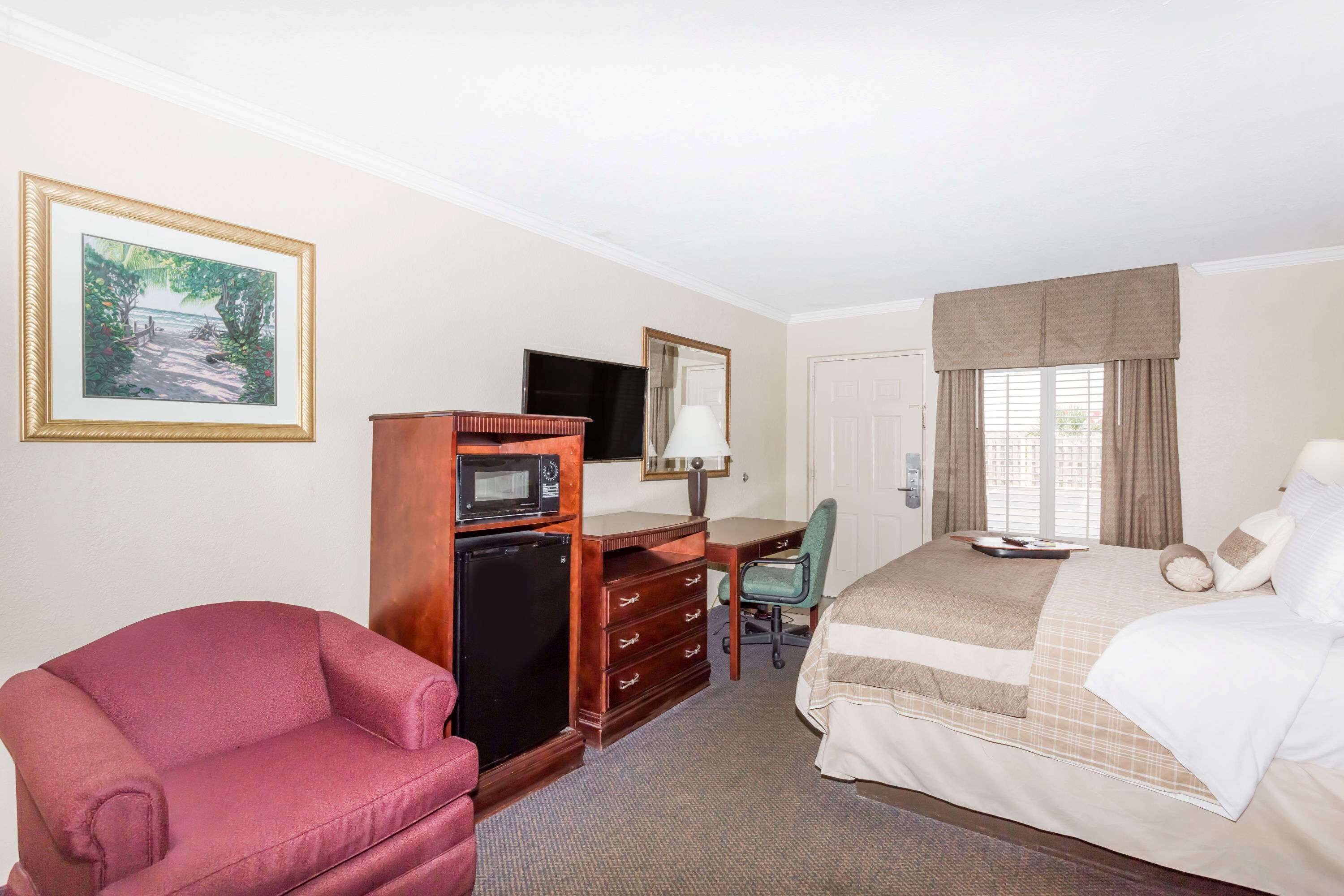 A hotel room with a bed, desk, chair, television, and a microwave.