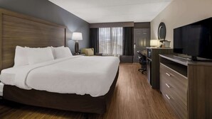 Habitación de hotel con una cama grande, un escritorio con silla, un televisor y un armario.
