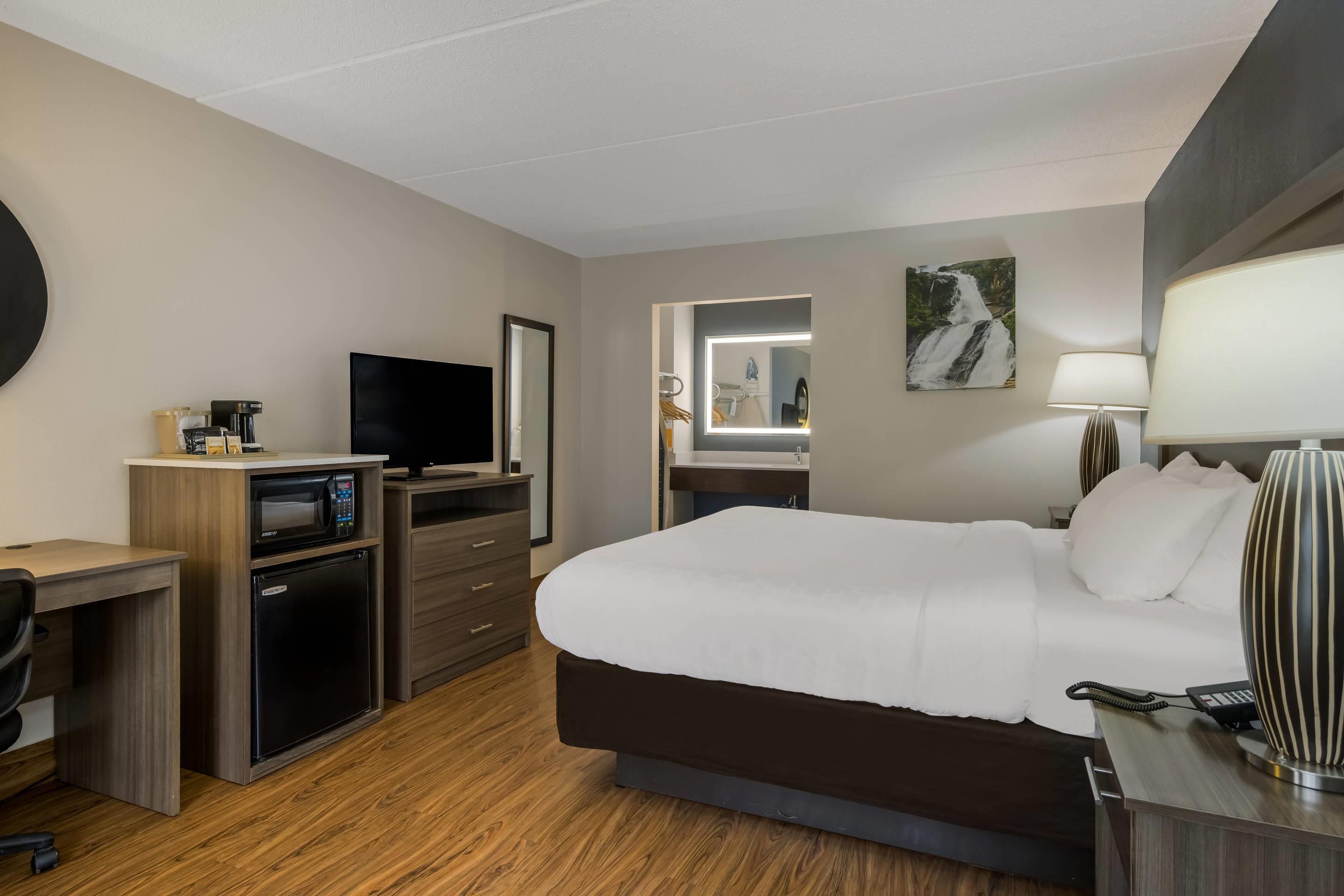 Une chambre d’hôtel équipée d’un lit, d’un bureau, d’un four à micro-ondes, d’un réfrigérateur et d’une télévision.