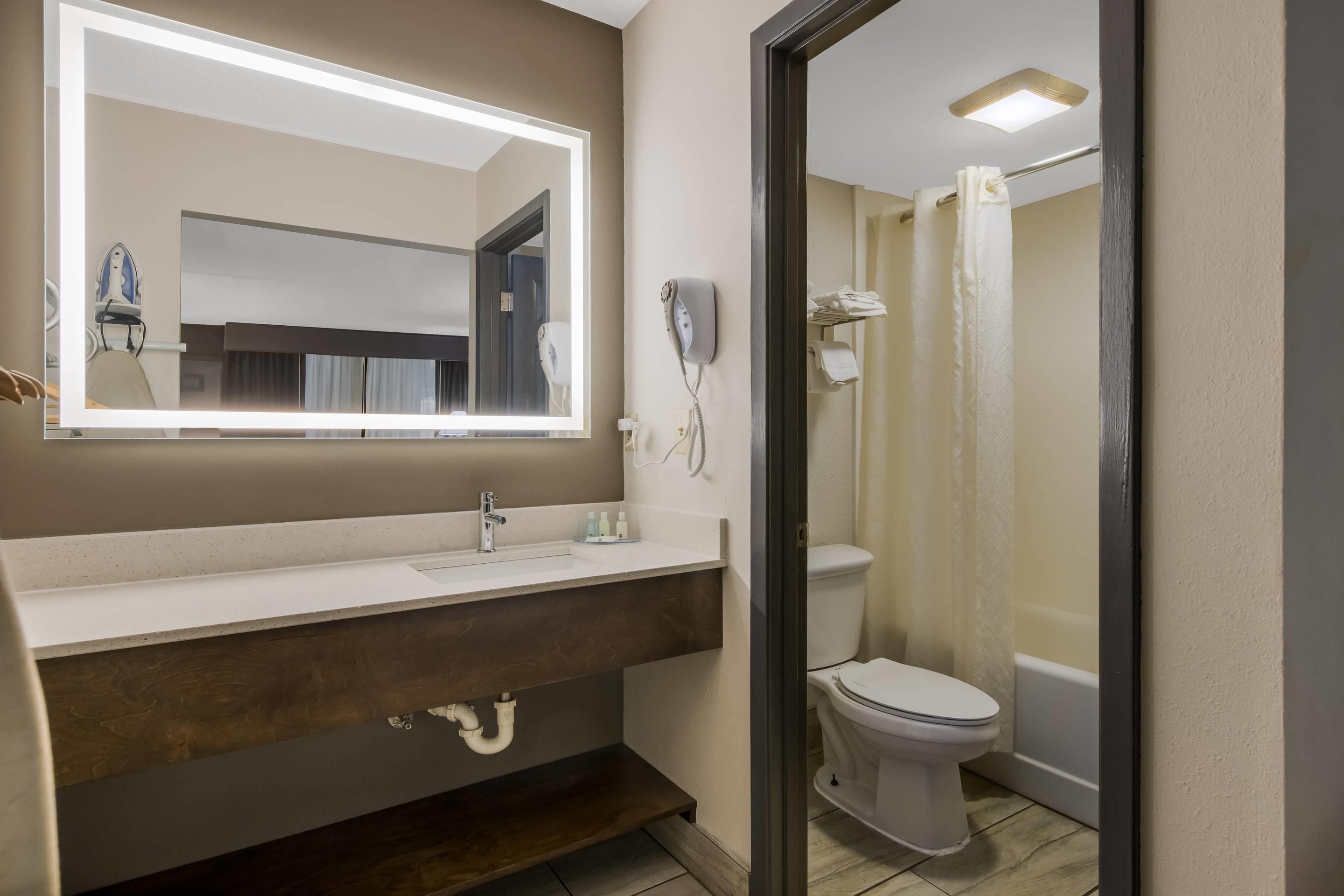 A bathroom with a mirror, sink, toilet, and shower.