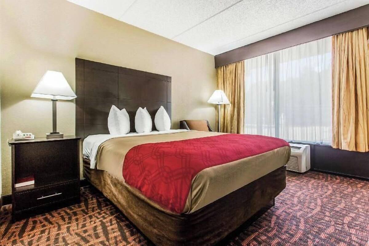A hotel room with a large bed, two bedside tables, a headboard, and a window with curtains.