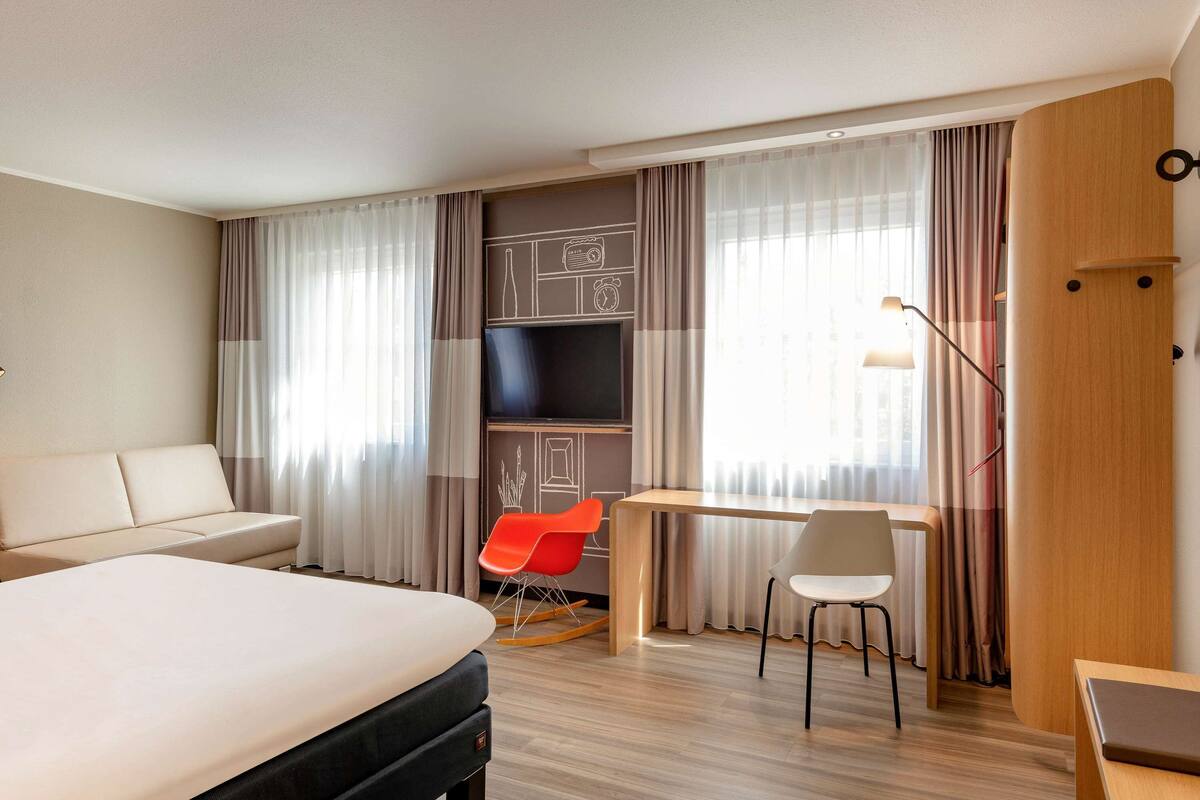 desk, blackout curtains, soundproofing, iron/ironing board