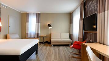 Desk, blackout drapes, soundproofing, iron/ironing board