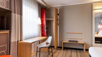 Desk, blackout drapes, soundproofing, iron/ironing board