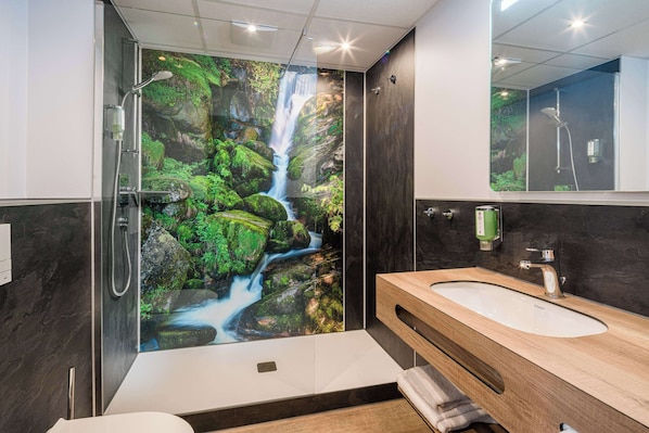 Shower, free toiletries, hair dryer, towels
