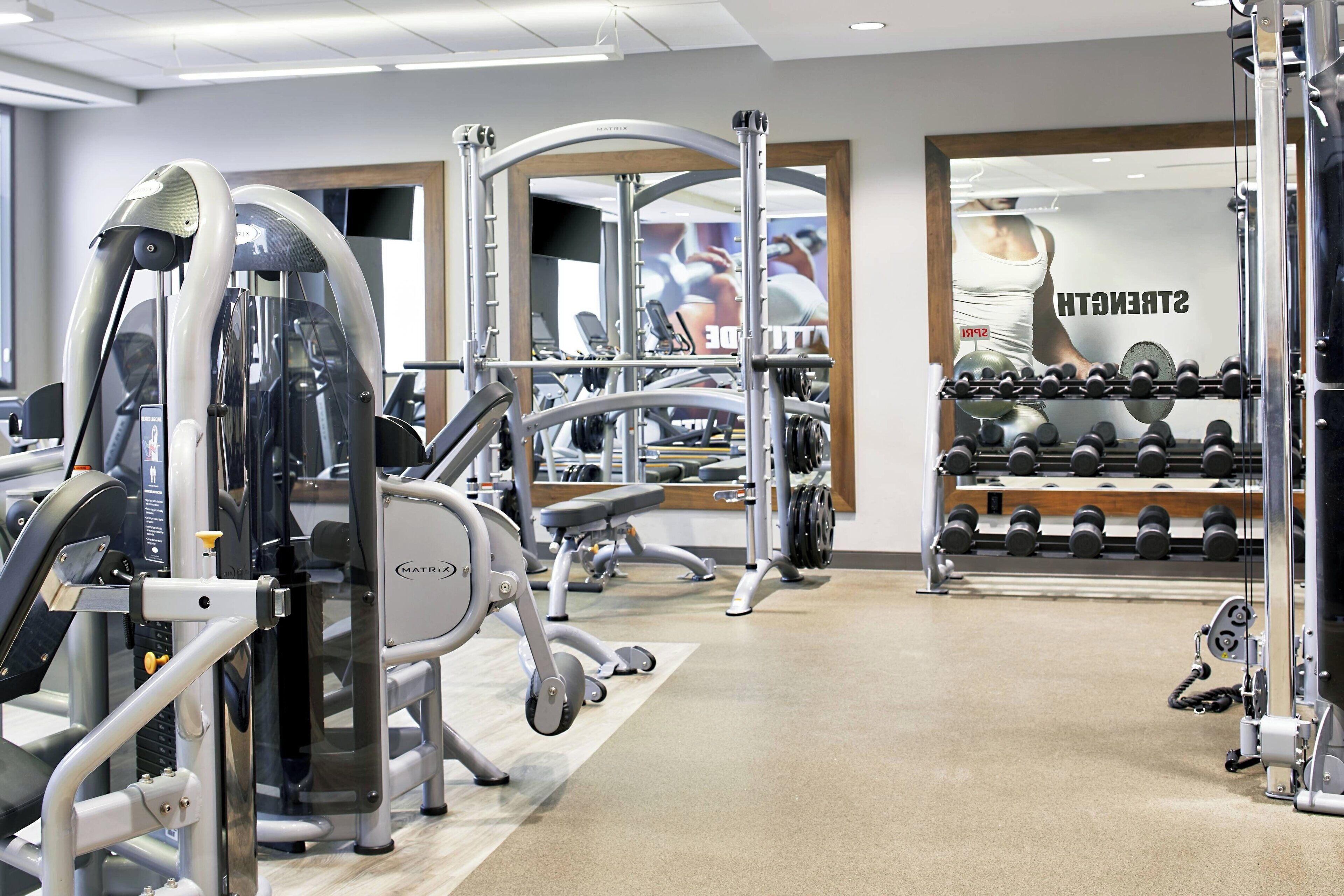 A gym with various exercise machines, a bench, and dumbbells.
