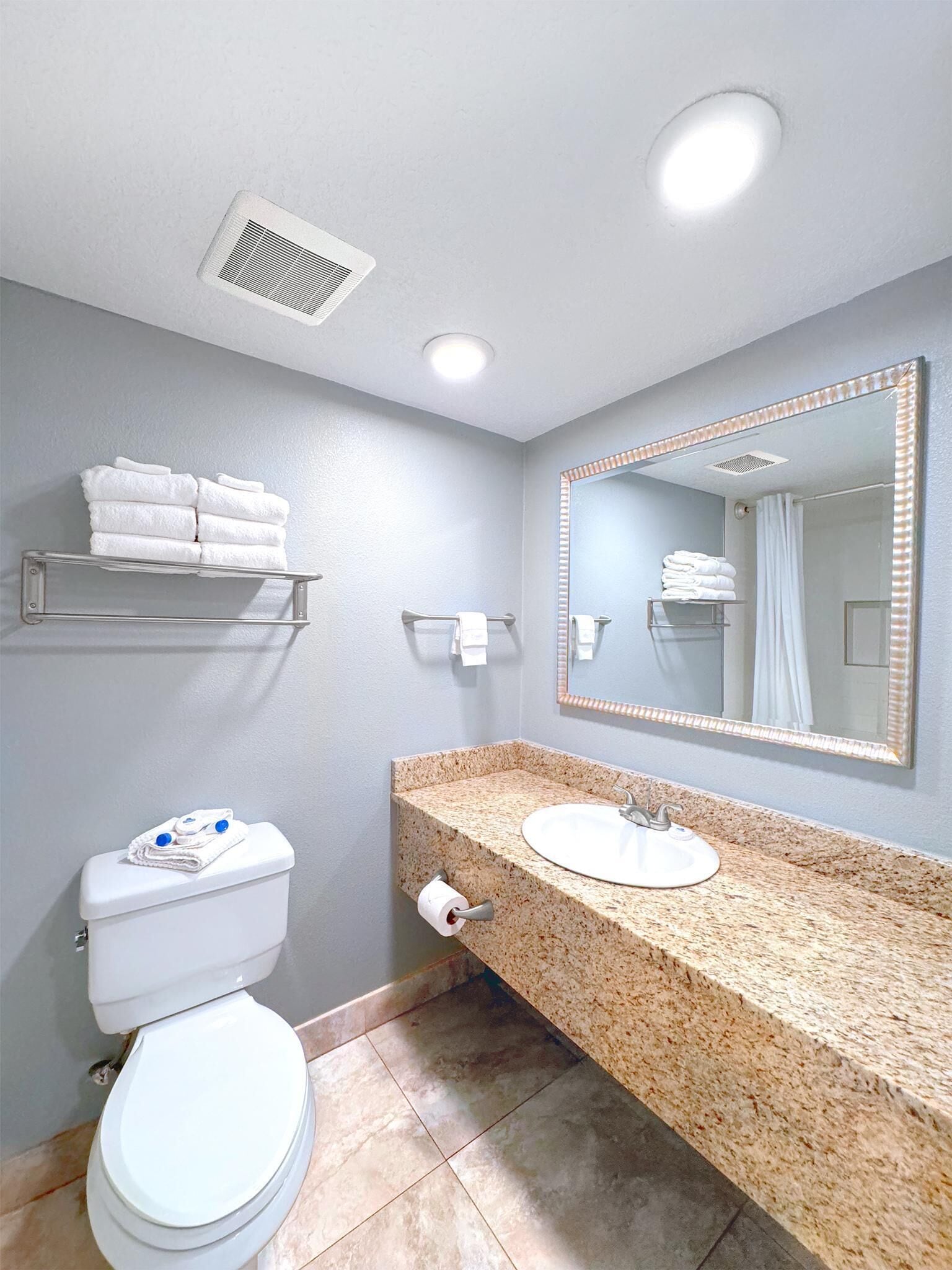 Ein Badezimmer mit Toilette, Waschbecken, Handtuchhalter und Spiegel.