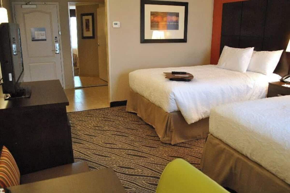 Premium bedding, pillowtop beds, desk, laptop workspace