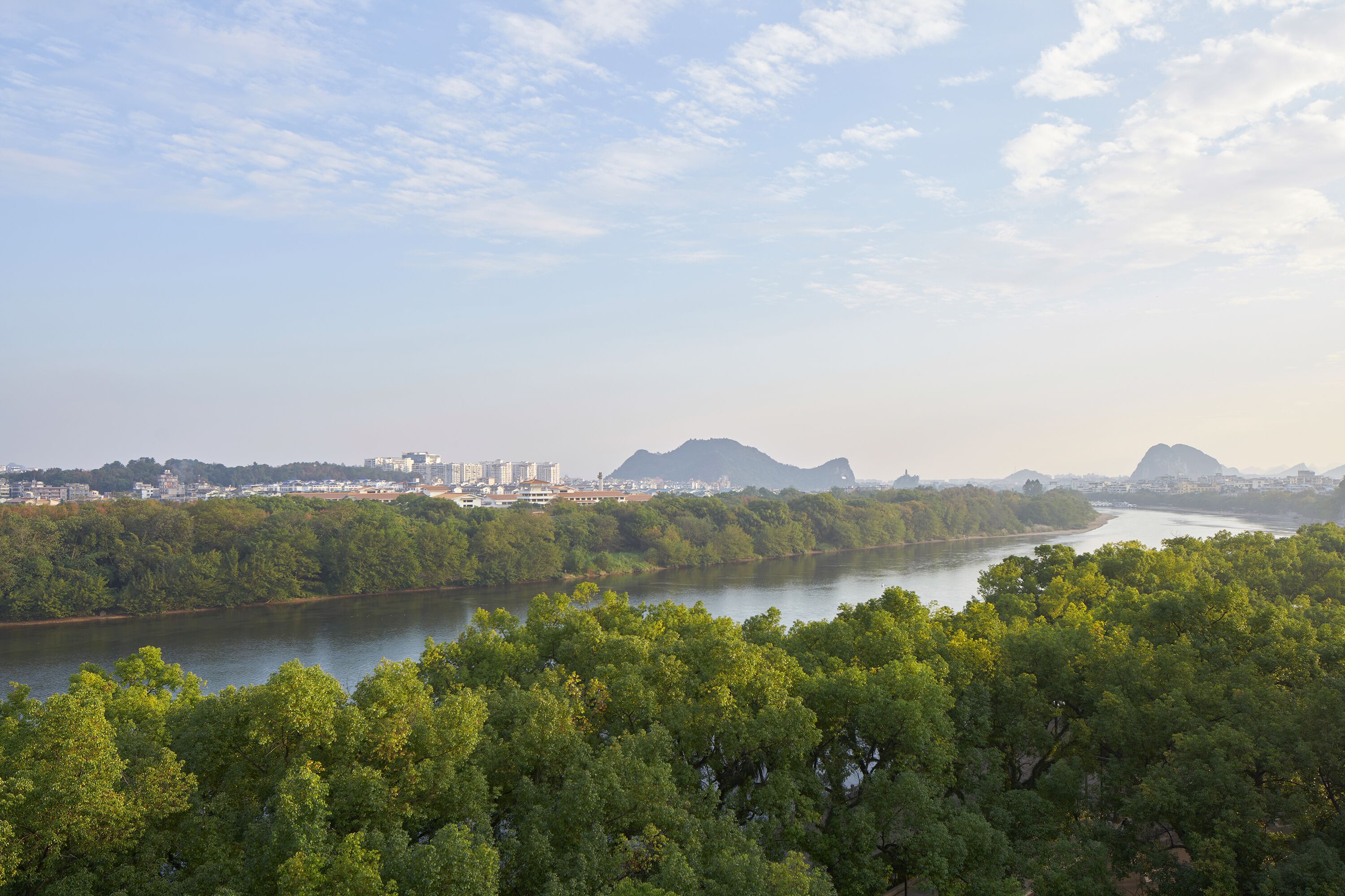 A river with a forested area in the foreground and a cityscape in the background.