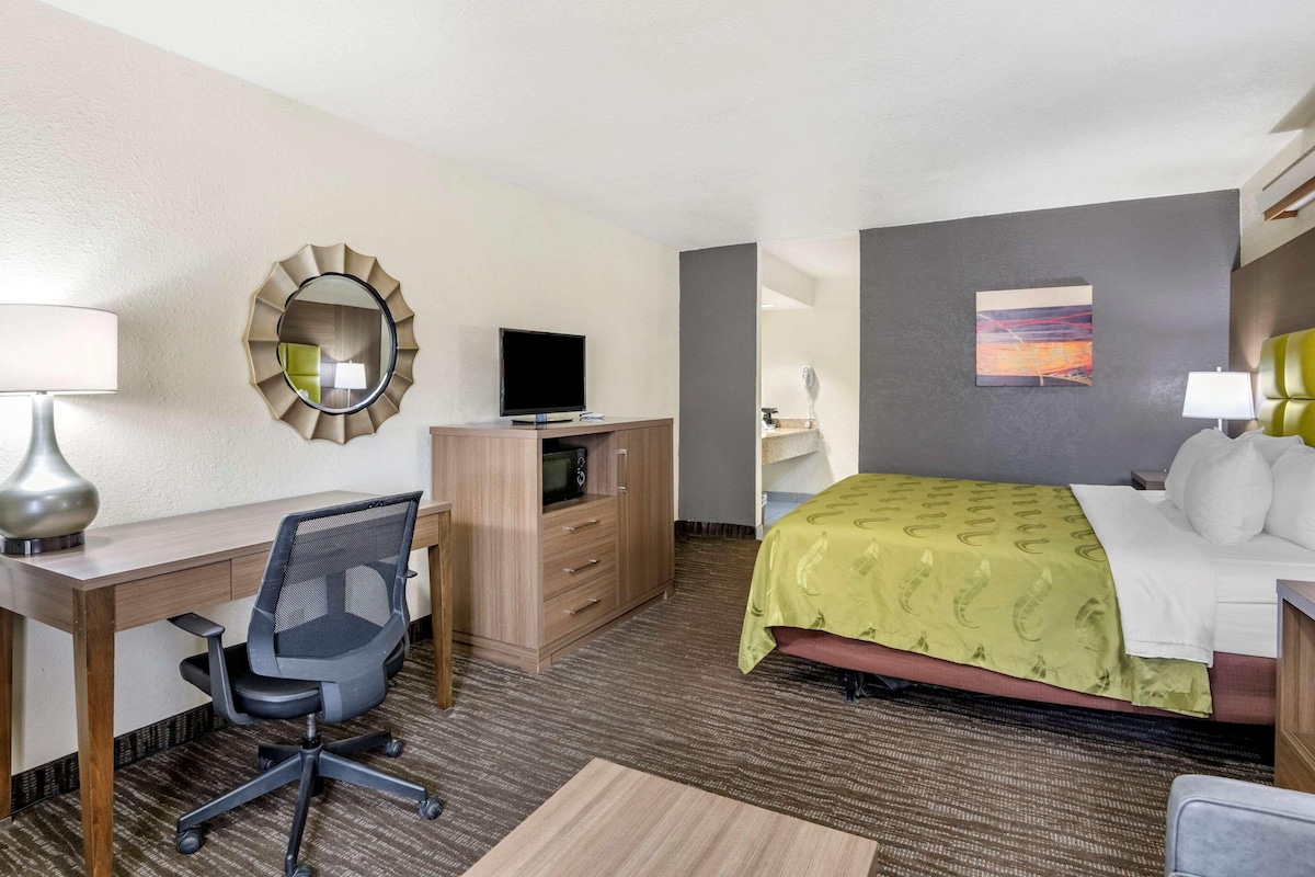 A hotel room with a desk, chair, bed, TV, and artwork on the wall.