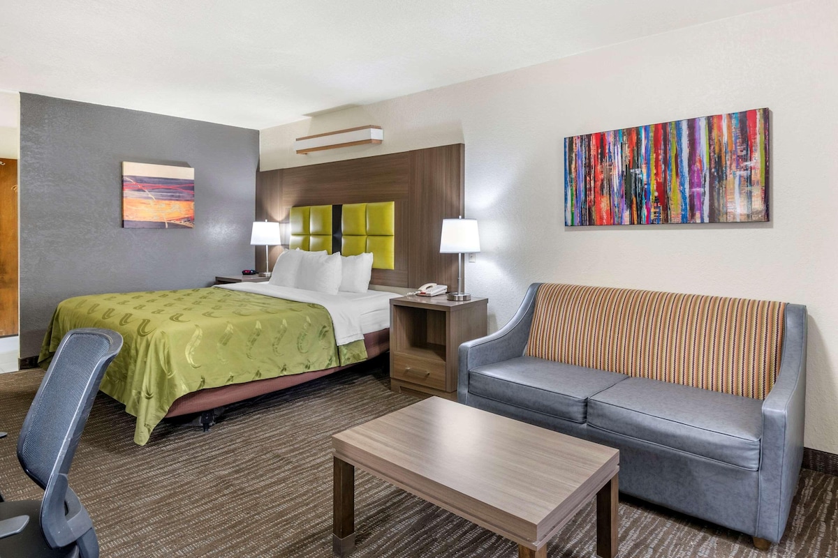 A hotel room with a bed, a sofa, a desk, and two lamps.