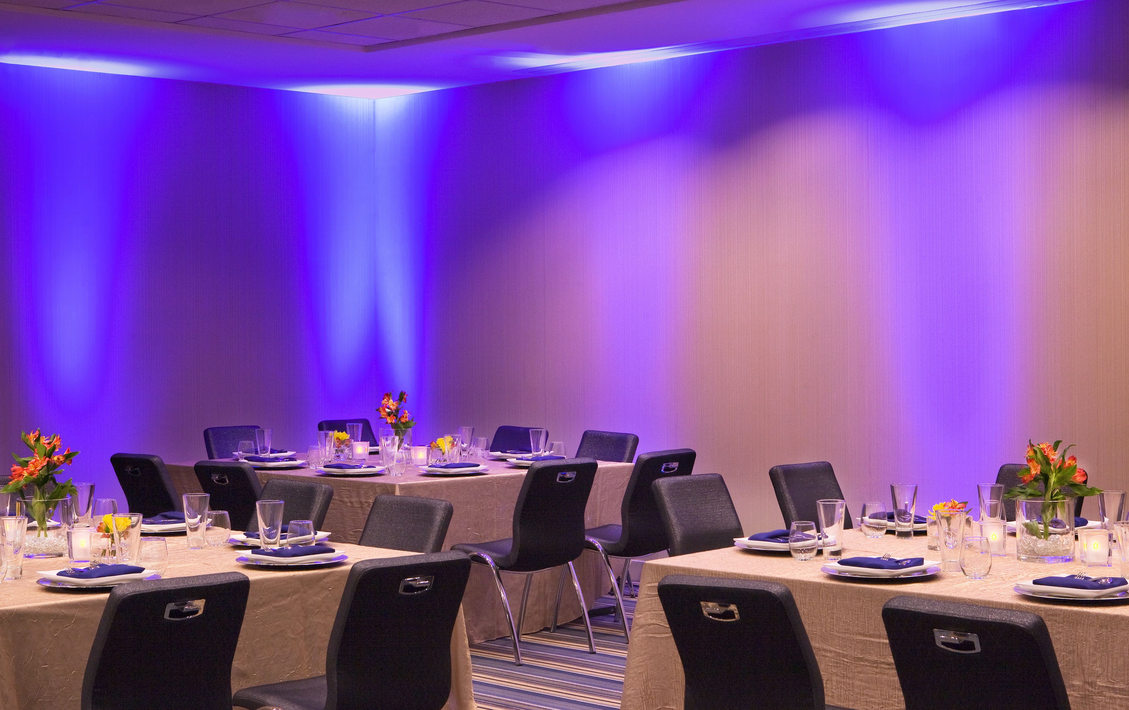 A conference room with a long table set for a meeting, surrounded by chairs, and illuminated by purple lighting.