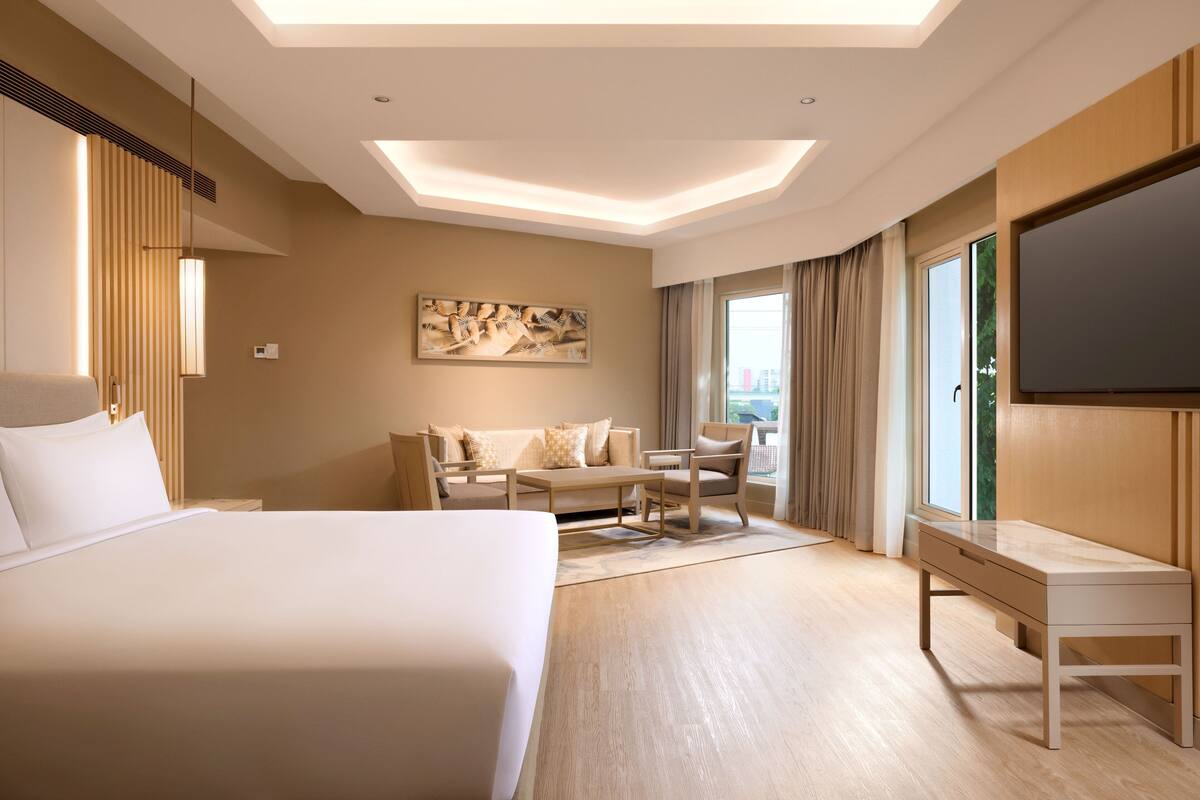 Une chambre d’hôtel avec un grand lit, un canapé, un bureau, une télévision et un tableau au mur.