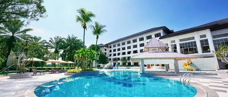 2 outdoor pools, open 7:00 AM to 7:00 PM, pool umbrellas, pool loungers