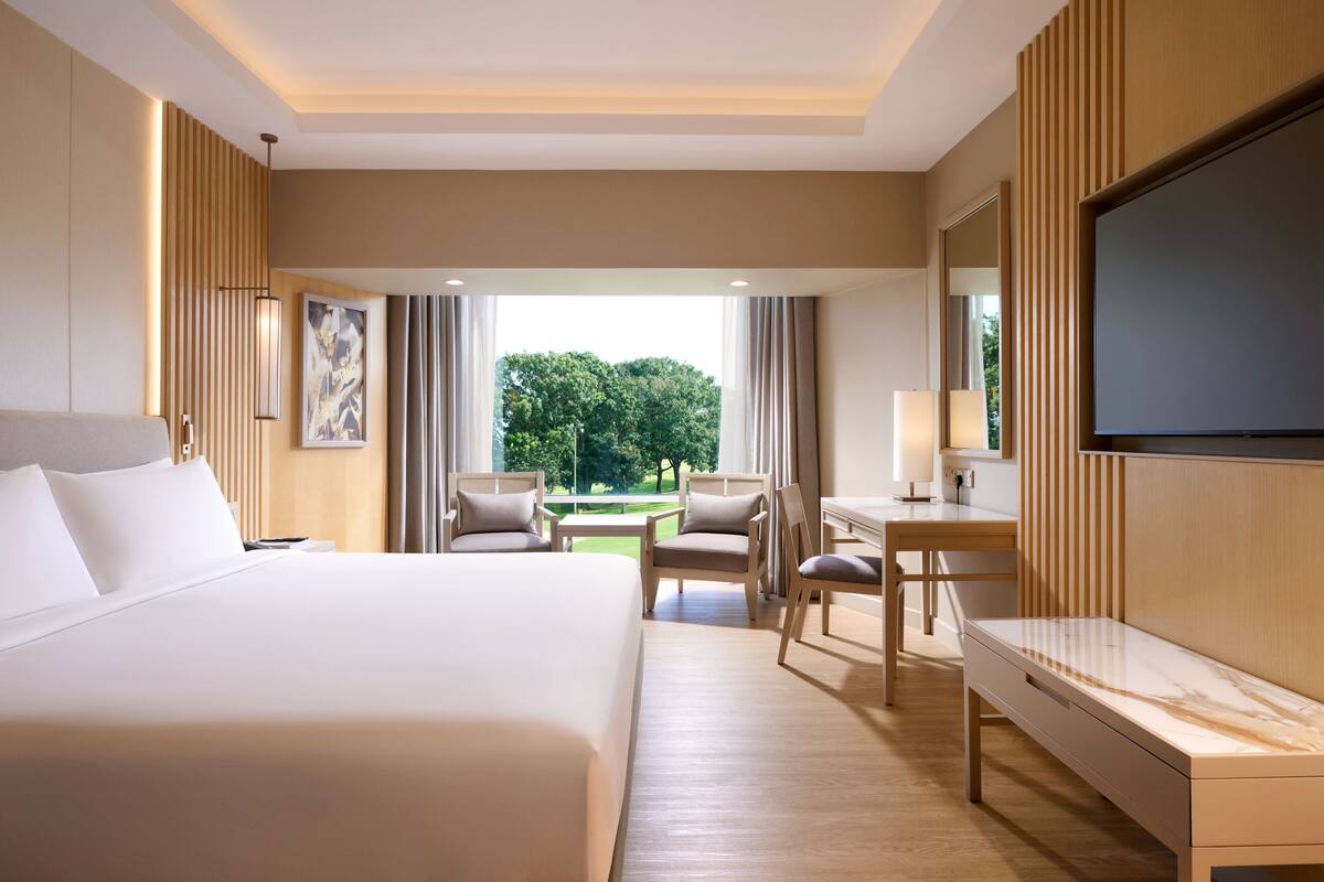 Une chambre d’hôtel avec un grand lit, un bureau, deux chaises, une télévision et une vue sur la verdure.