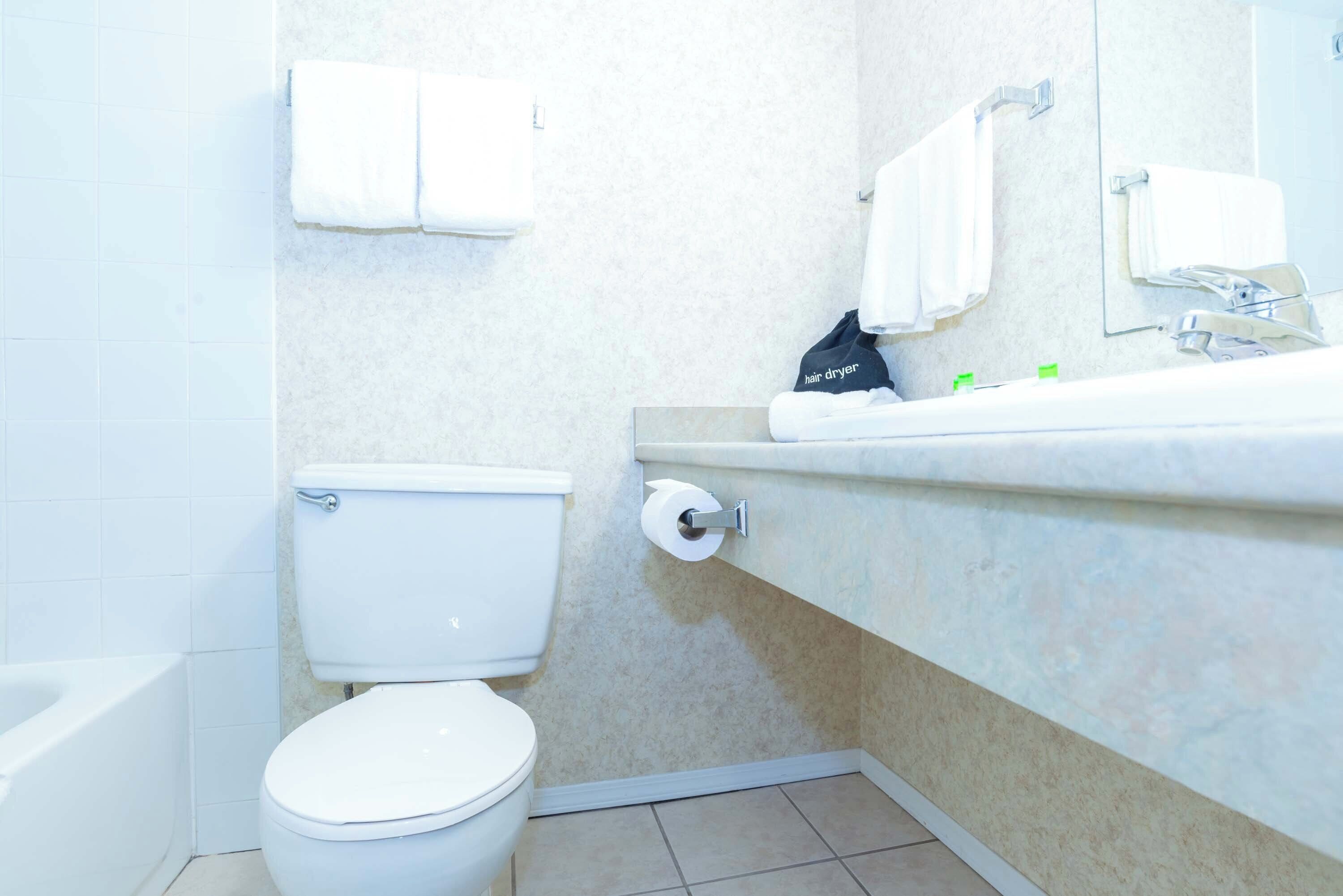 Une salle de bain équipée de toilettes, d’un lavabo et d’un porte-serviettes.