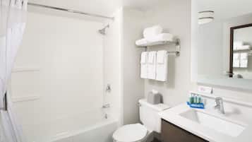 Hair dryer, towels, soap, shampoo