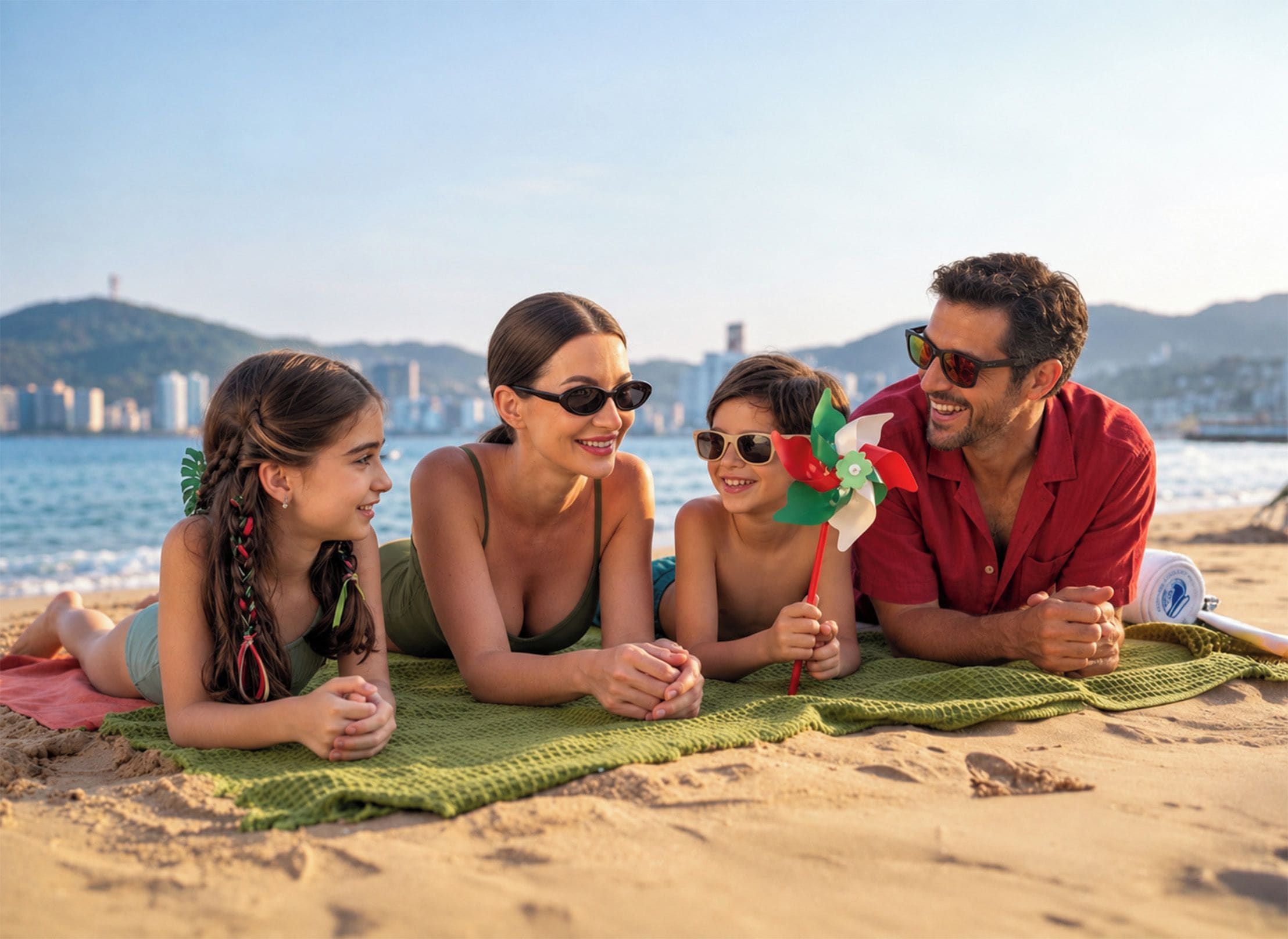 Una familia de cuatro personas descansando sobre una manta en la playa, con un paisaje urbano al fondo.