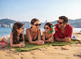 Una familia de cuatro personas descansando sobre una manta en la playa, con un paisaje urbano al fondo.