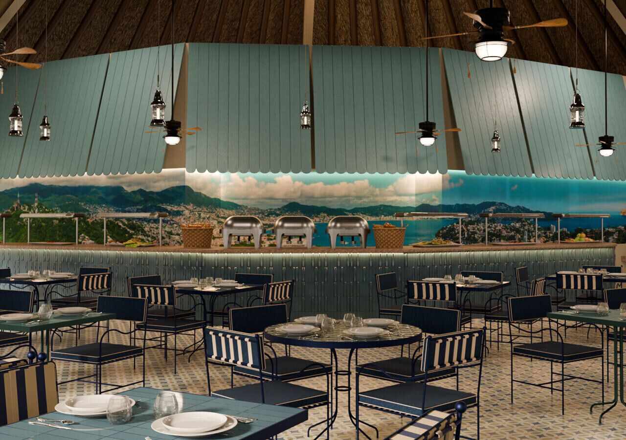 A restaurant with a panoramic mural of mountains and a view of the sea. Tables are arranged with chairs, and there are hanging lights.