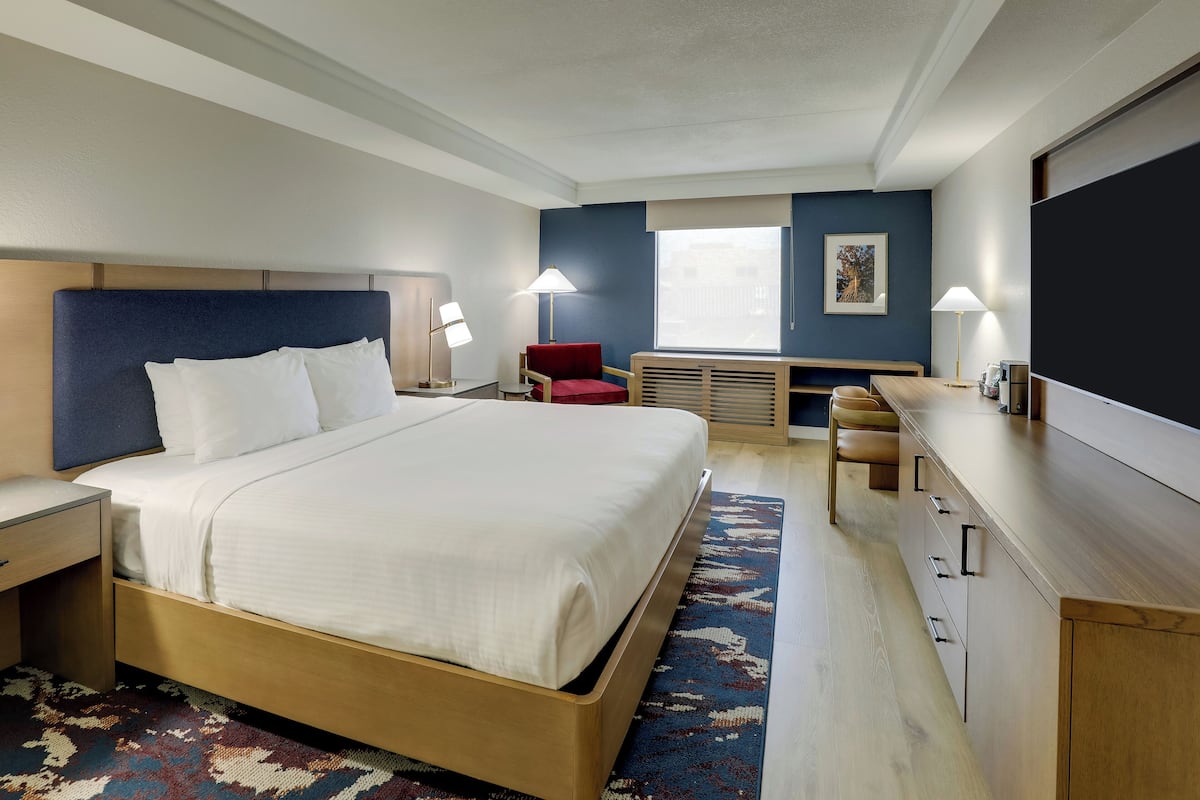 A hotel room with a large bed, a desk, a chair, a TV, and a window.