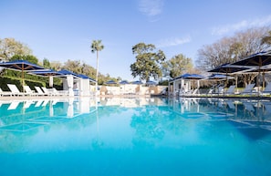 Outdoor pool, open 9 AM to 9 PM, pool umbrellas, pool loungers