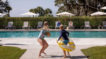 Outdoor pool, open 9 AM to 9 PM, pool umbrellas, pool loungers