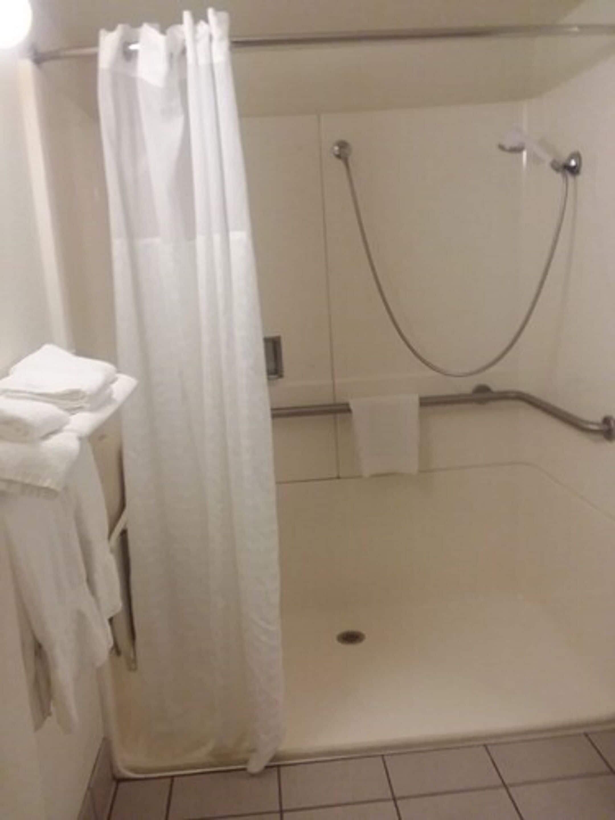 A shower area with a white curtain, a towel rack, and a handheld showerhead.