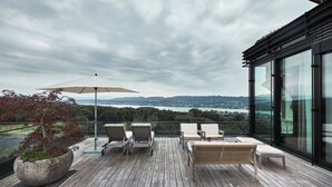 Terraza de madera con mobiliario exterior, una planta grande en maceta y vistas a un lago y montañas.
