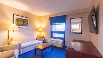 Habitación de hotel con sofá, mesita, televisor, calefacción y ventana con vistas.